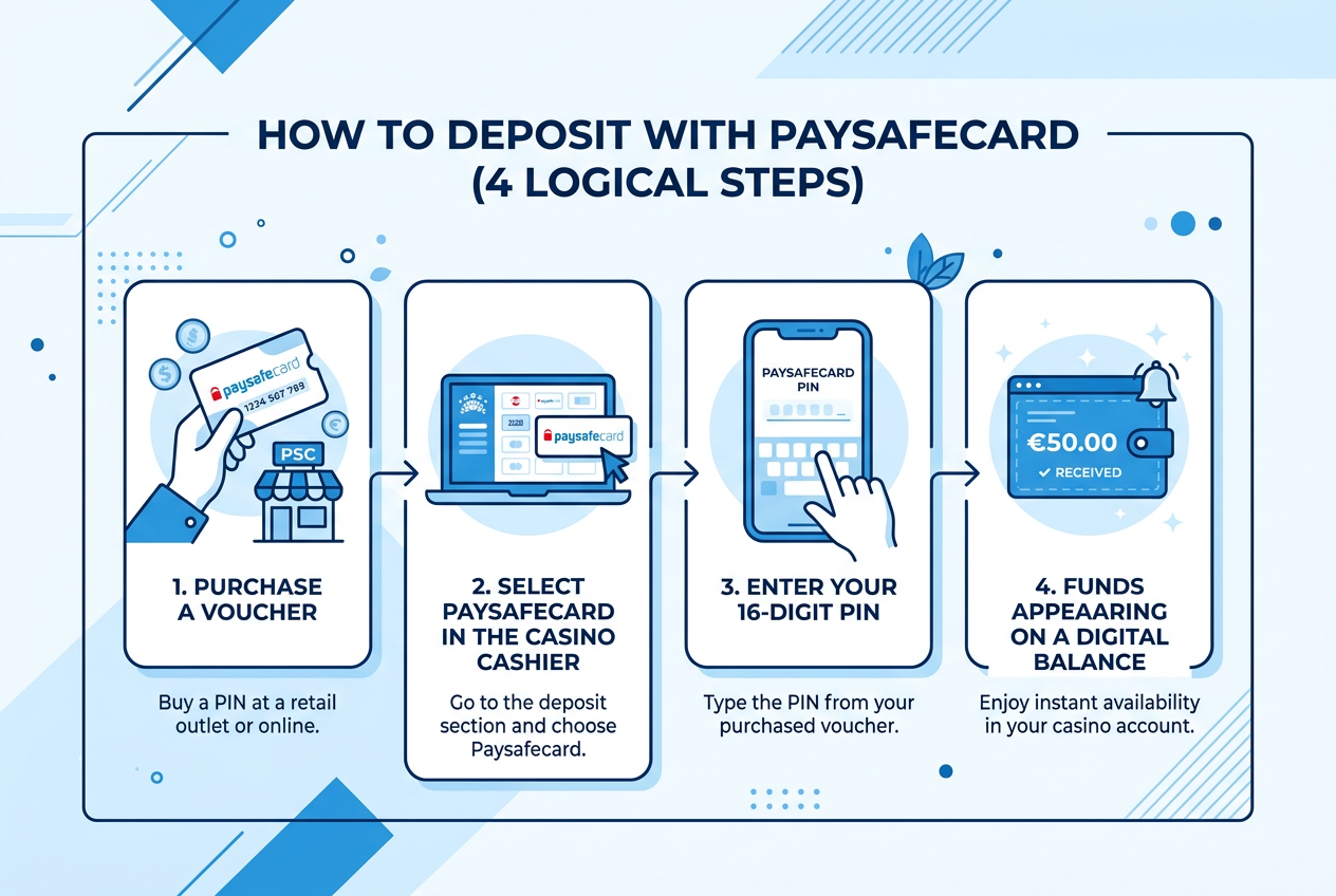 Infografika przedstawiająca krok po kroku proces wpłaty do kasyna online przy użyciu Paysafecard