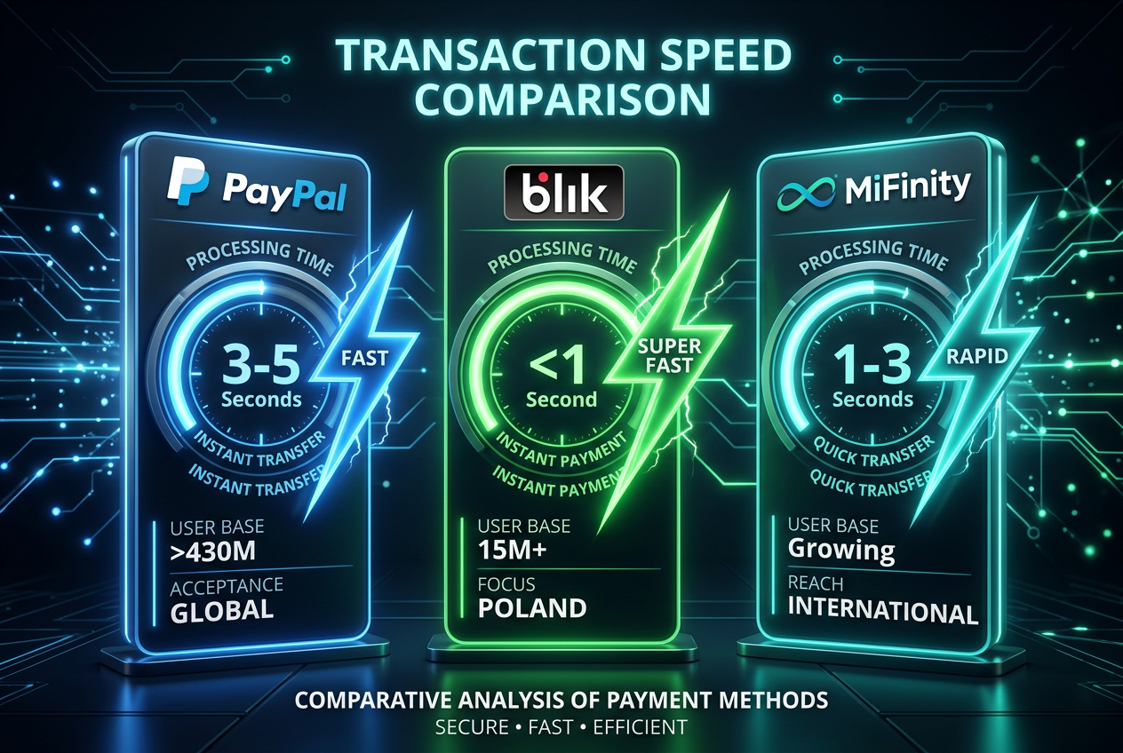 Infografika porównująca szybkość i funkcje systemów PayPal, BLIK oraz MiFinity